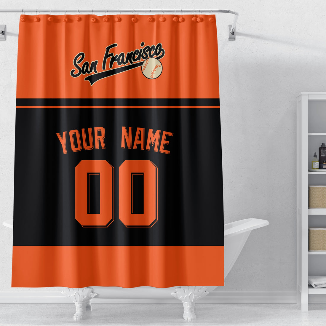 Personalized San Francisco baseball shower curtain in orange black and white with custom name and number on white background
