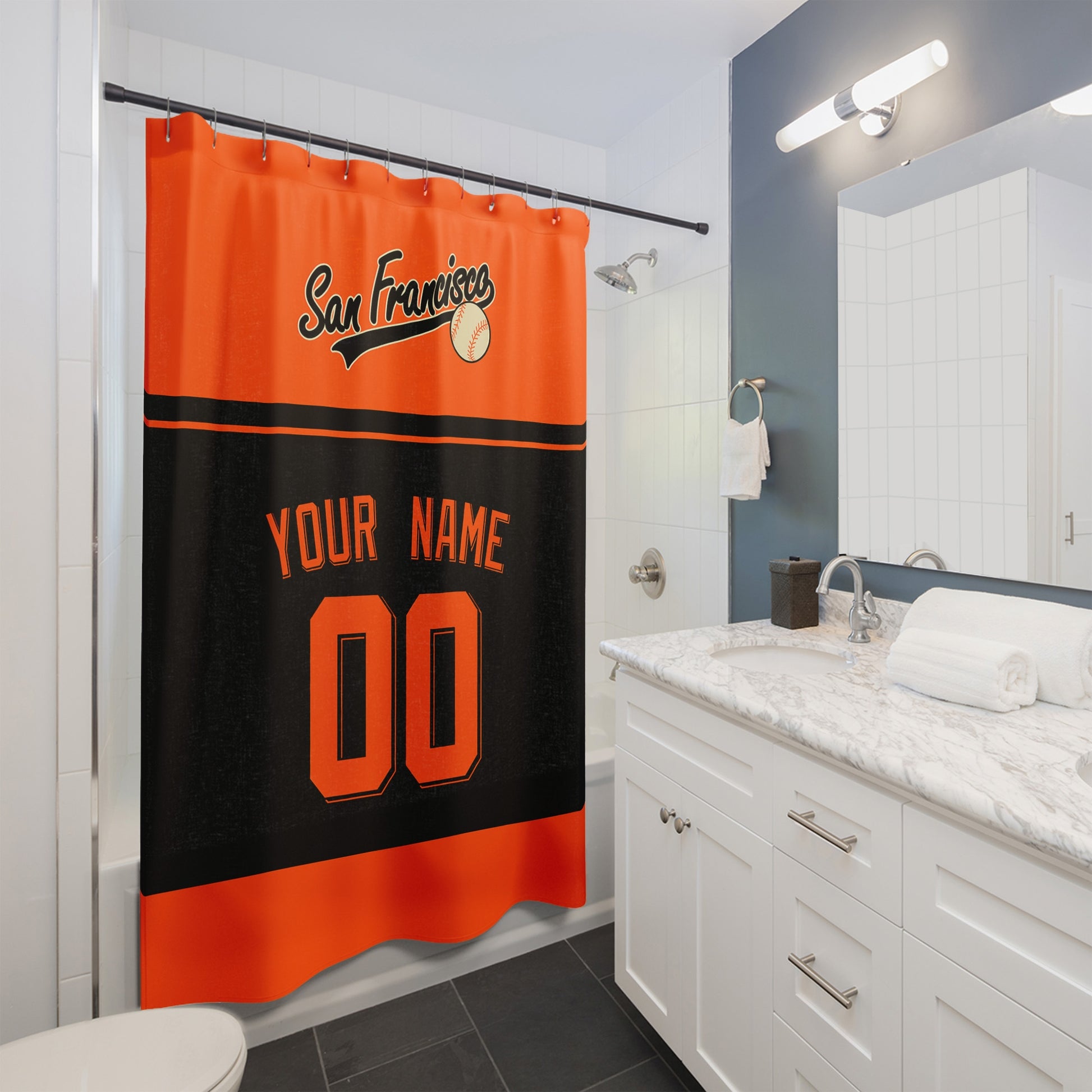 Personalized San Francisco baseball shower curtain in orange black and white hanging in a modern bathroom with custom name and number