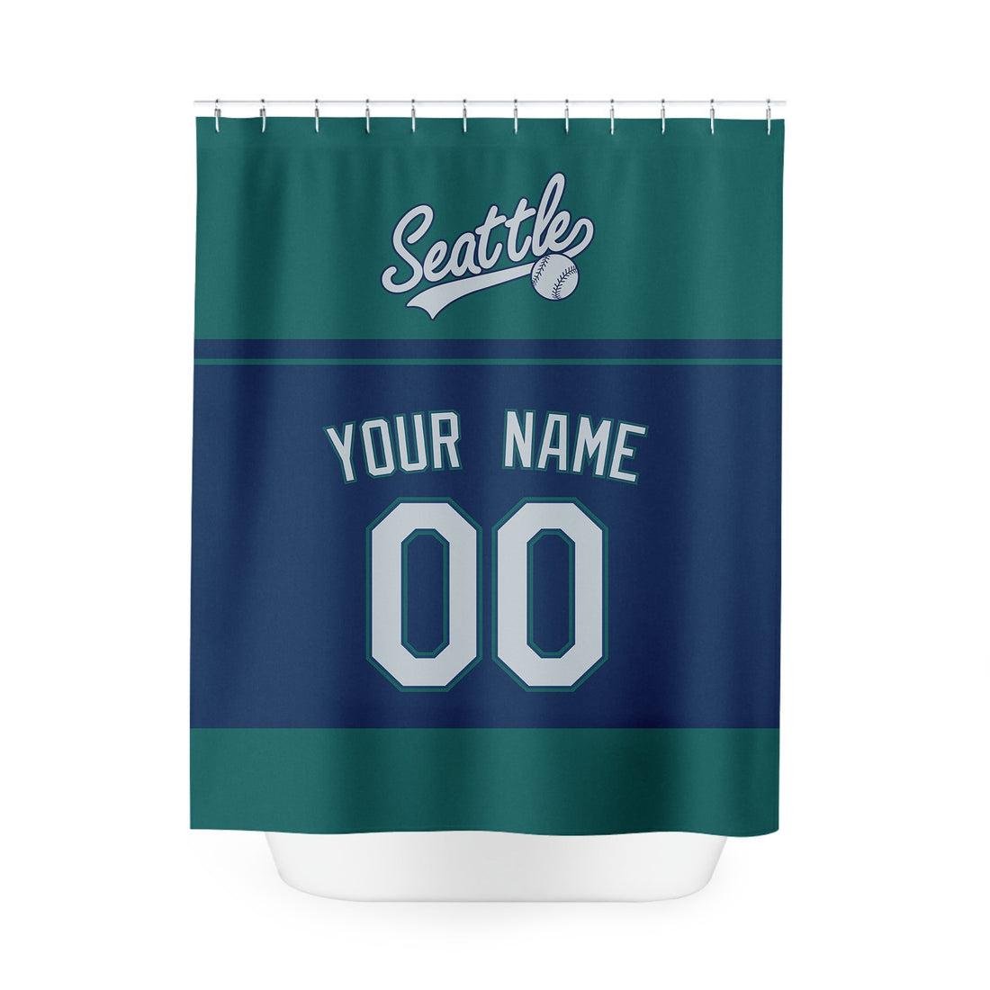 Personalized Seattle baseball shower curtain in teal navy and light blue with custom name and number on white background