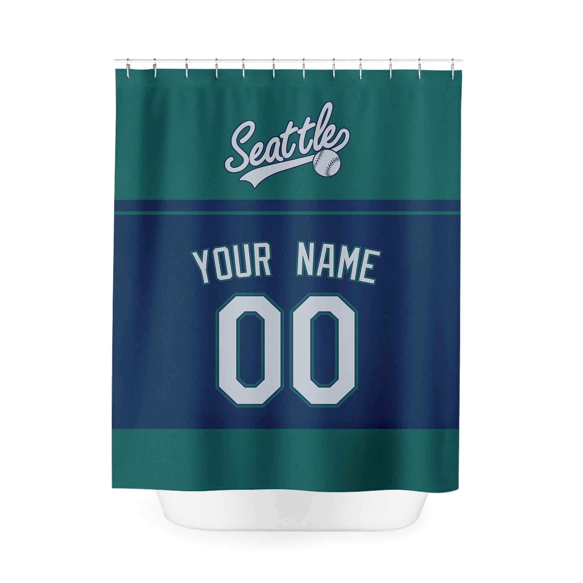 Personalized Seattle baseball shower curtain in teal navy and light blue with custom name and number on white background