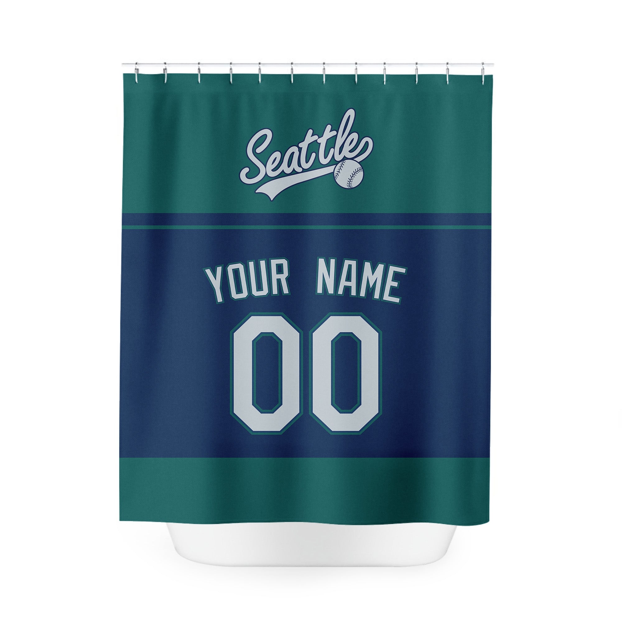 Personalized Seattle baseball shower curtain in teal navy and light blue with custom name and number on white background