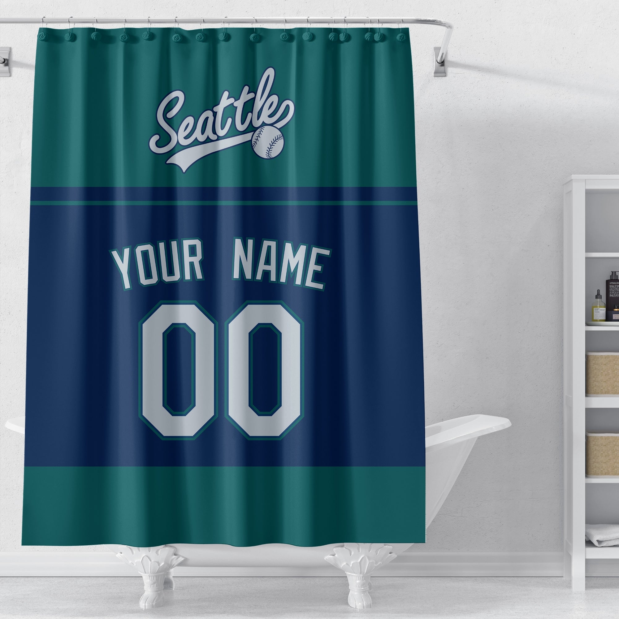 Personalized Seattle baseball shower curtain in teal navy and light blue displayed above a bathtub in a bright bathroom
