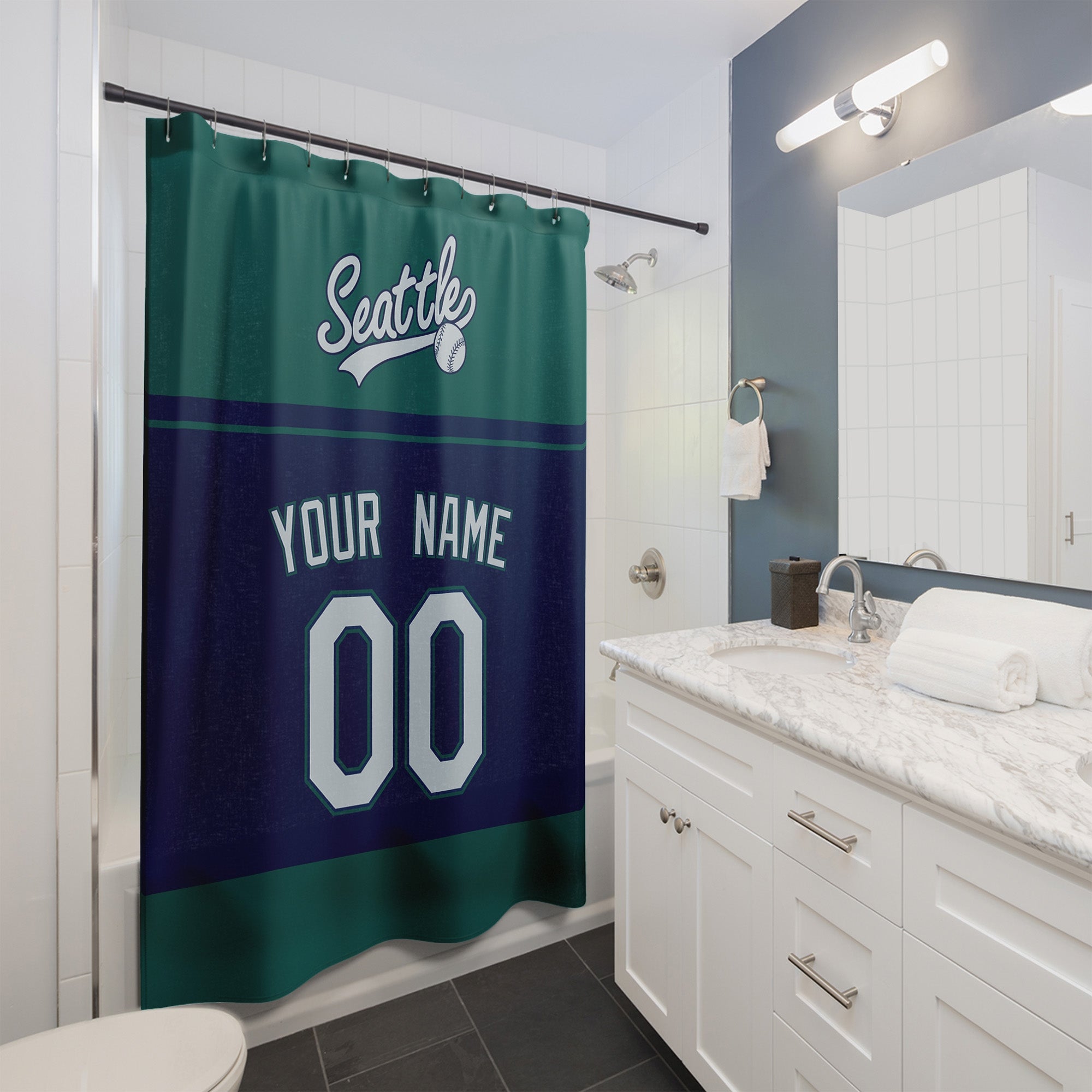 Personalized Seattle baseball shower curtain in teal navy and light blue hanging in a modern bathroom with custom name and number