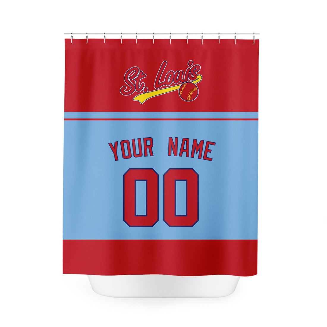 Personalized St Louis baseball shower curtain in red light blue and gold with custom name and number on white background