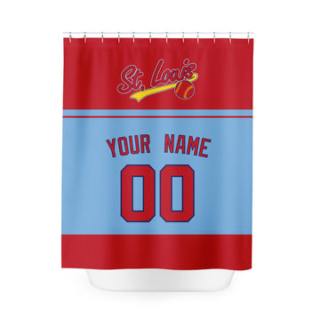 Personalized St Louis baseball shower curtain in red light blue and gold with custom name and number on white background