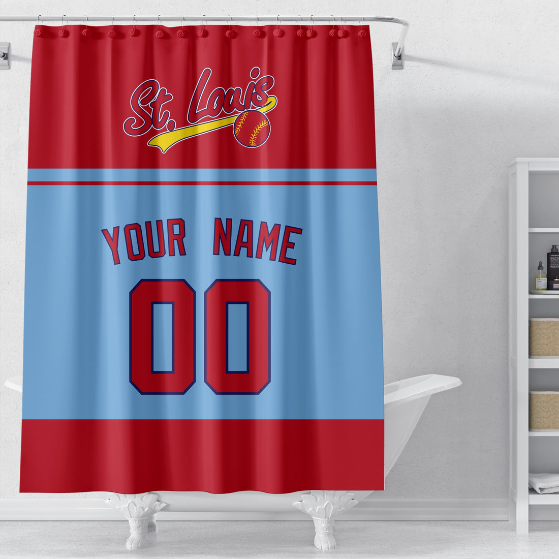 Personalized St Louis baseball shower curtain in red light blue and gold with custom name and number on white background
