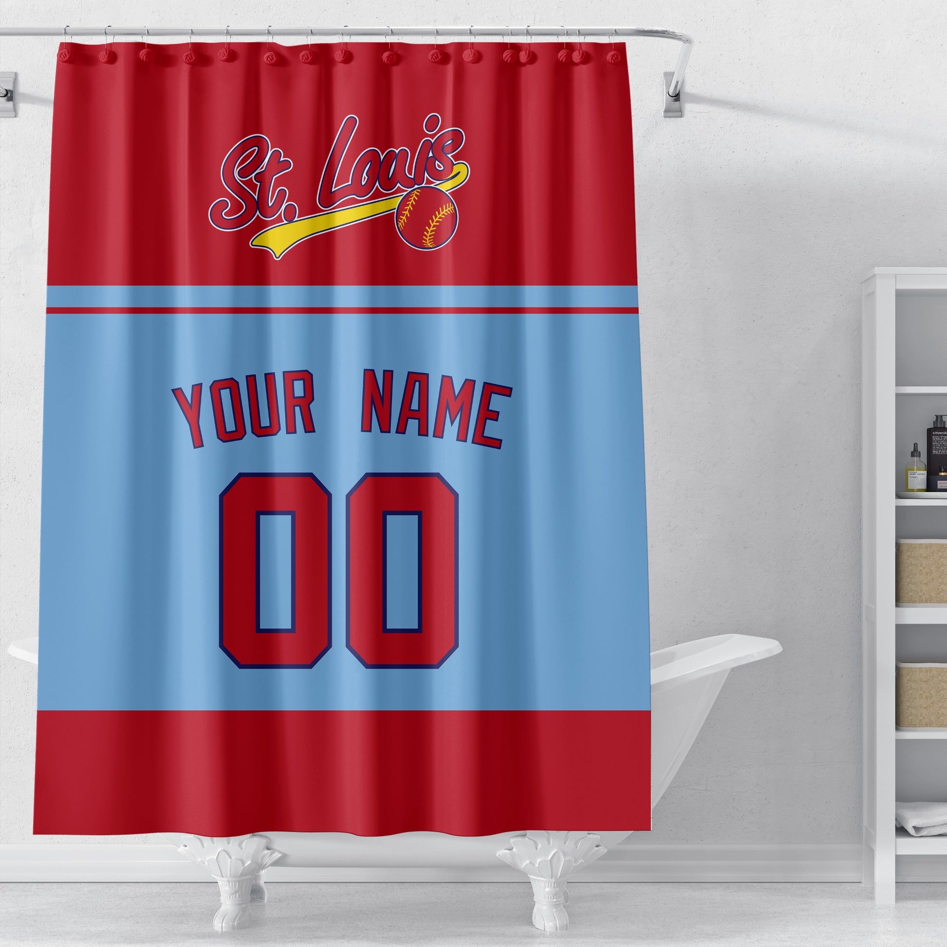 Personalized St Louis baseball shower curtain in red light blue and gold displayed above a bathtub in a bright bathroom