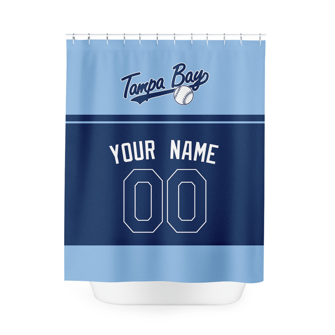 Personalized Tampa Bay baseball shower curtain in light blue navy and white with custom name and number on white background