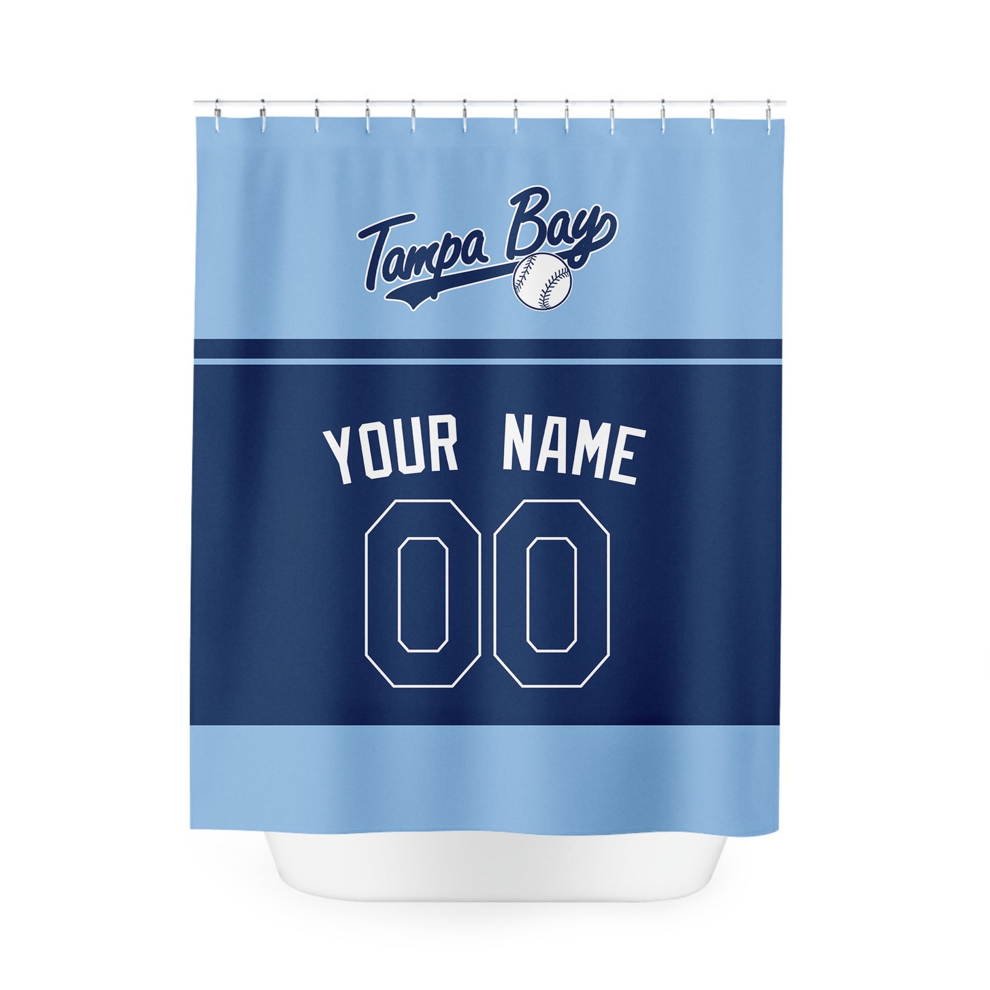 Personalized Tampa Bay baseball shower curtain in light blue navy and white with custom name and number on white background