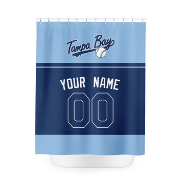 Personalized Tampa Bay baseball shower curtain in light blue navy and white with custom name and number on white background