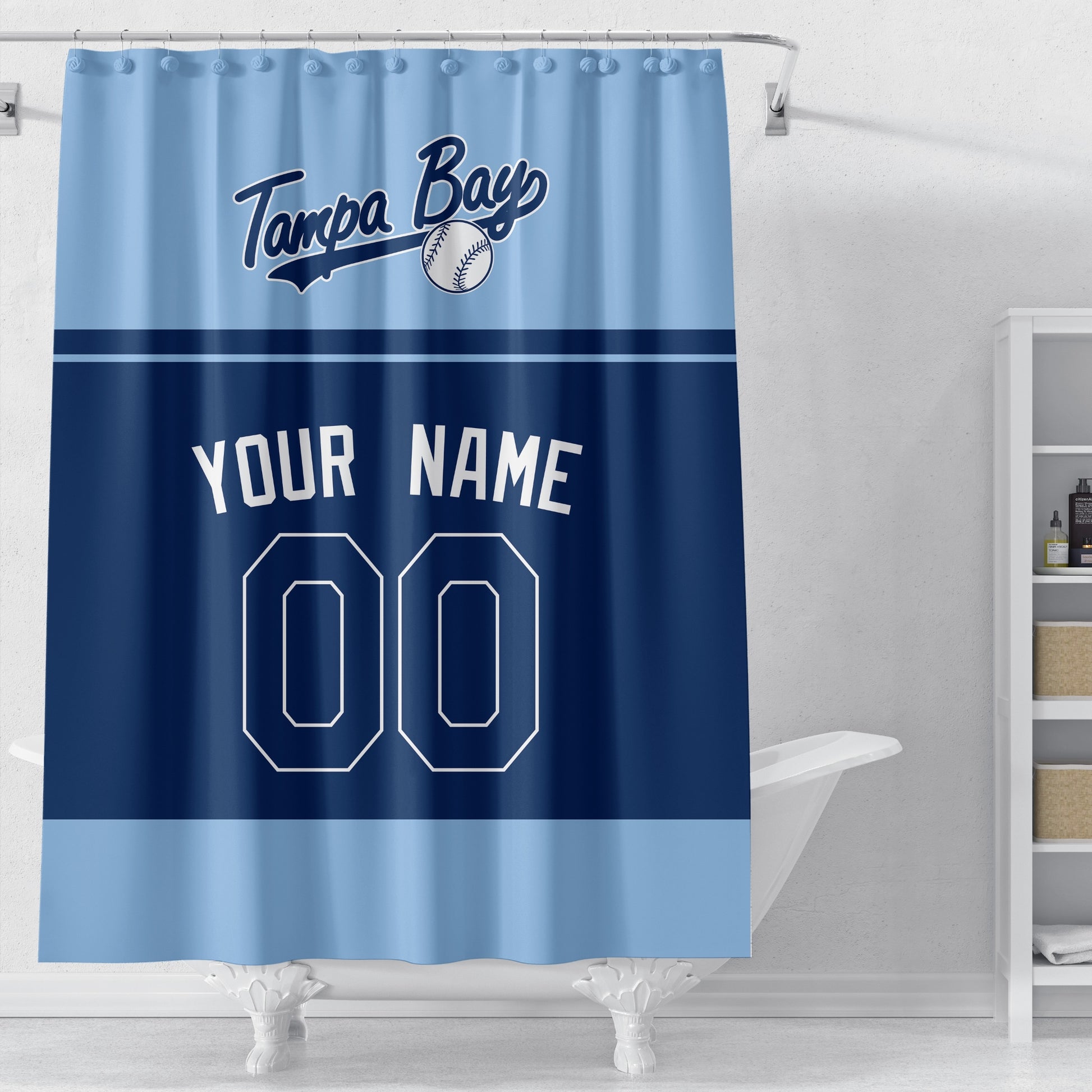 Personalized Tampa Bay baseball shower curtain in light blue navy and white displayed above a bathtub in a bright bathroom