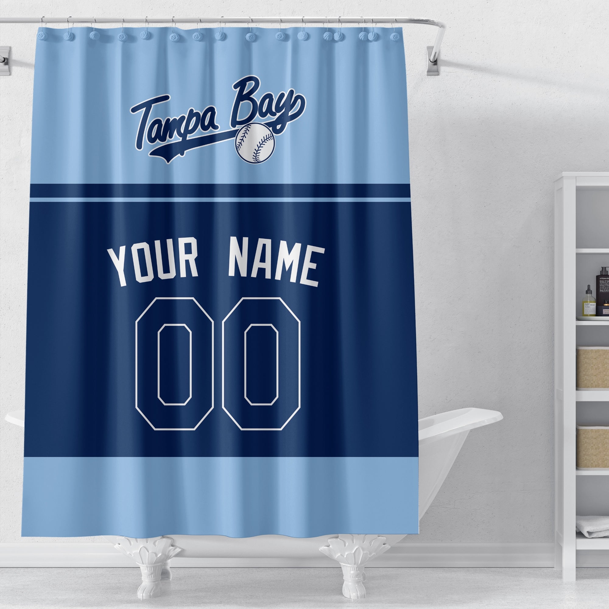 Personalized Tampa Bay baseball shower curtain in light blue navy and white displayed above a bathtub in a bright bathroom