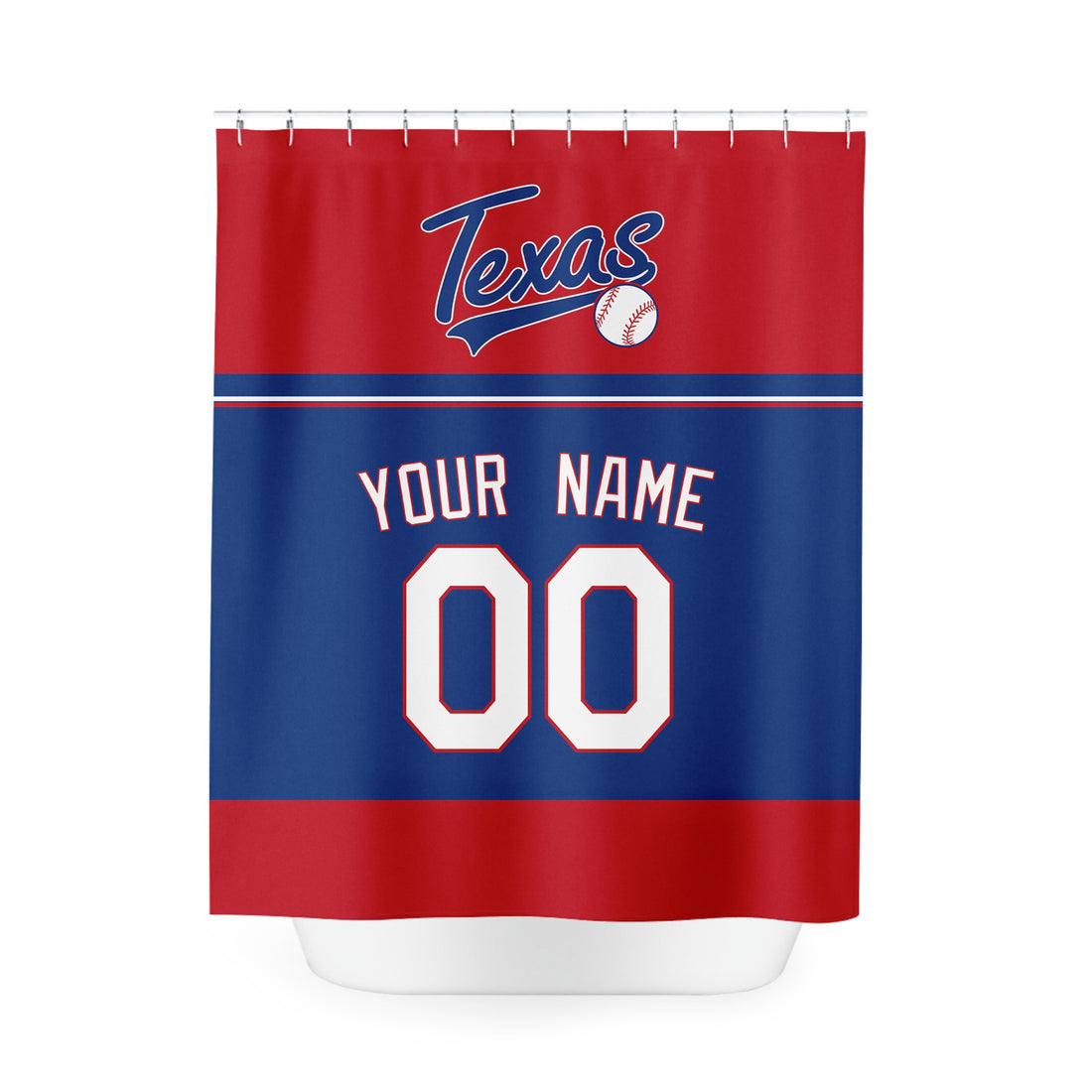 Personalized Texas baseball shower curtain in red navy and white with custom name and number on white background
