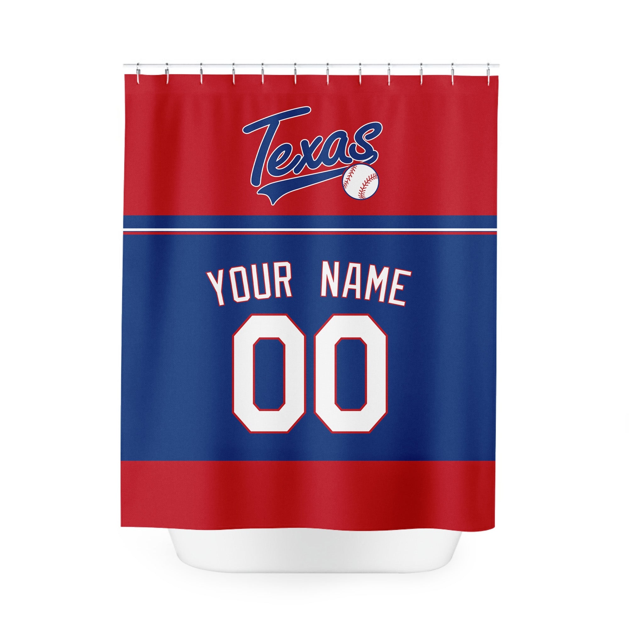 Personalized Texas baseball shower curtain in red navy and white with custom name and number on white background