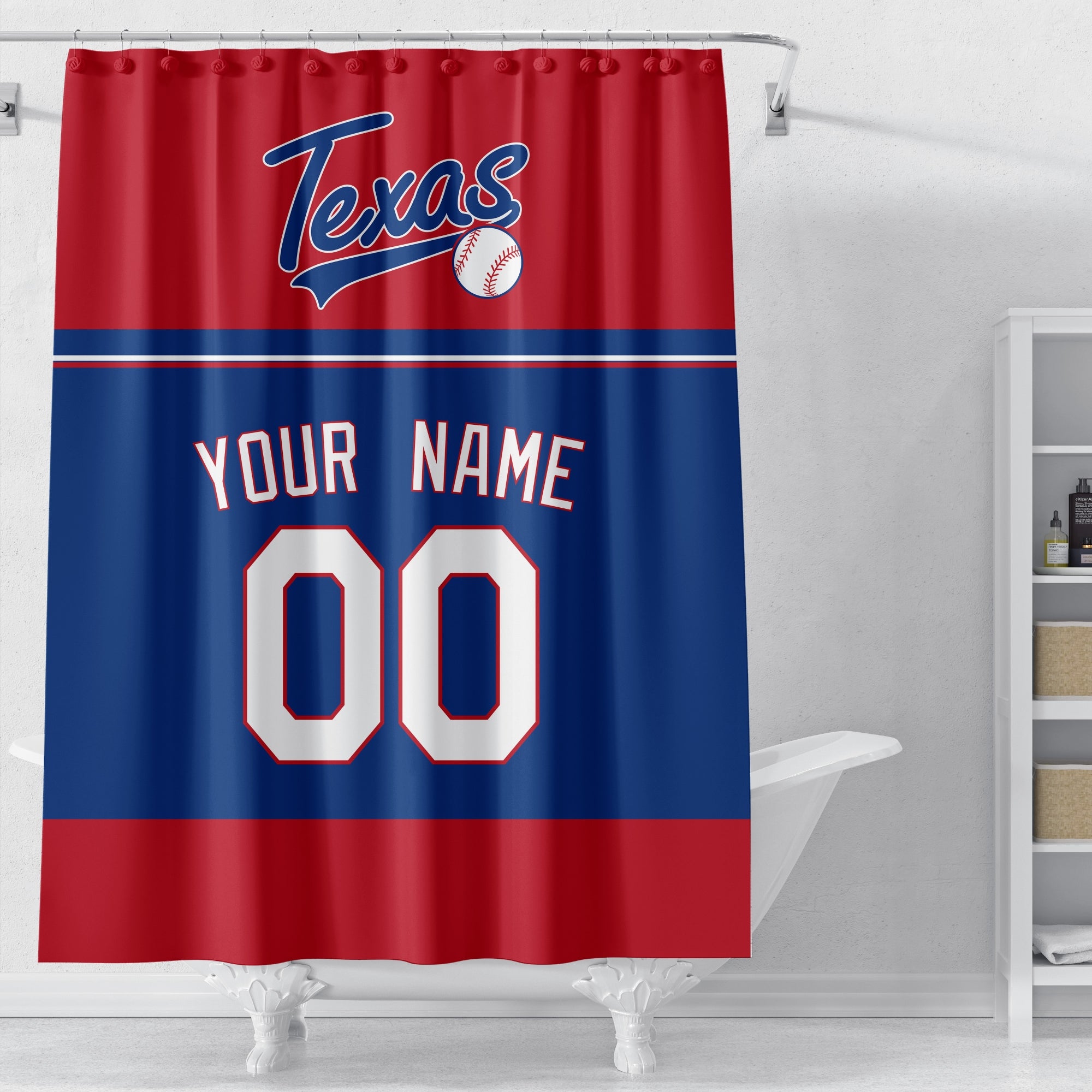 Personalized Texas baseball shower curtain in red navy and white displayed above a bathtub in a bright bathroom