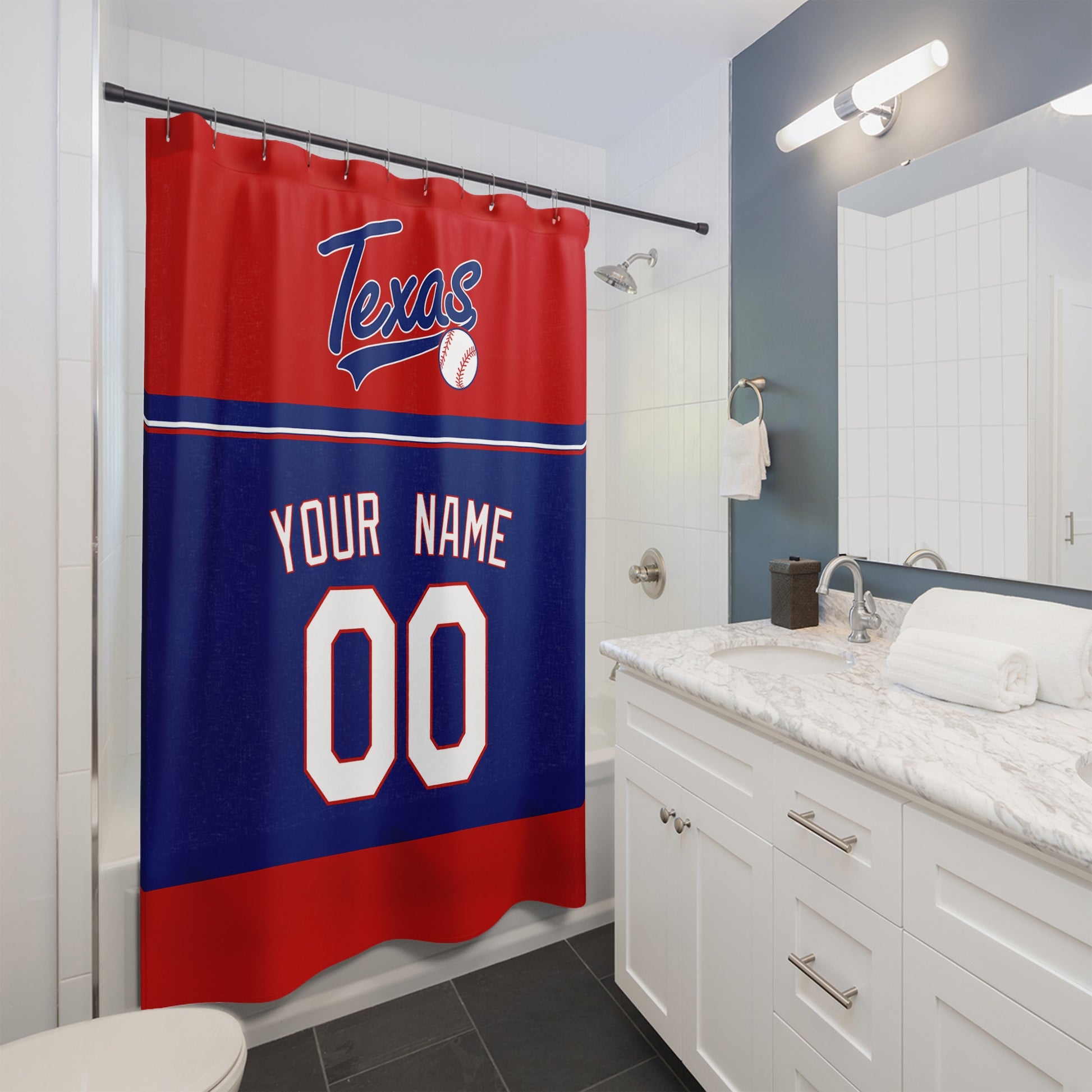 Personalized Texas baseball shower curtain in red navy and white hanging in a modern bathroom with custom name and number
