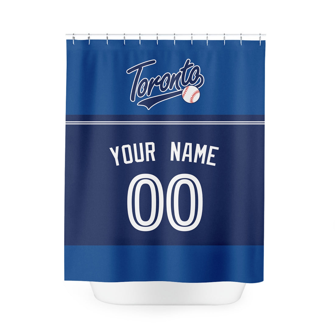 Personalized Toronto baseball shower curtain in royal blue navy and white with custom name and number on white background