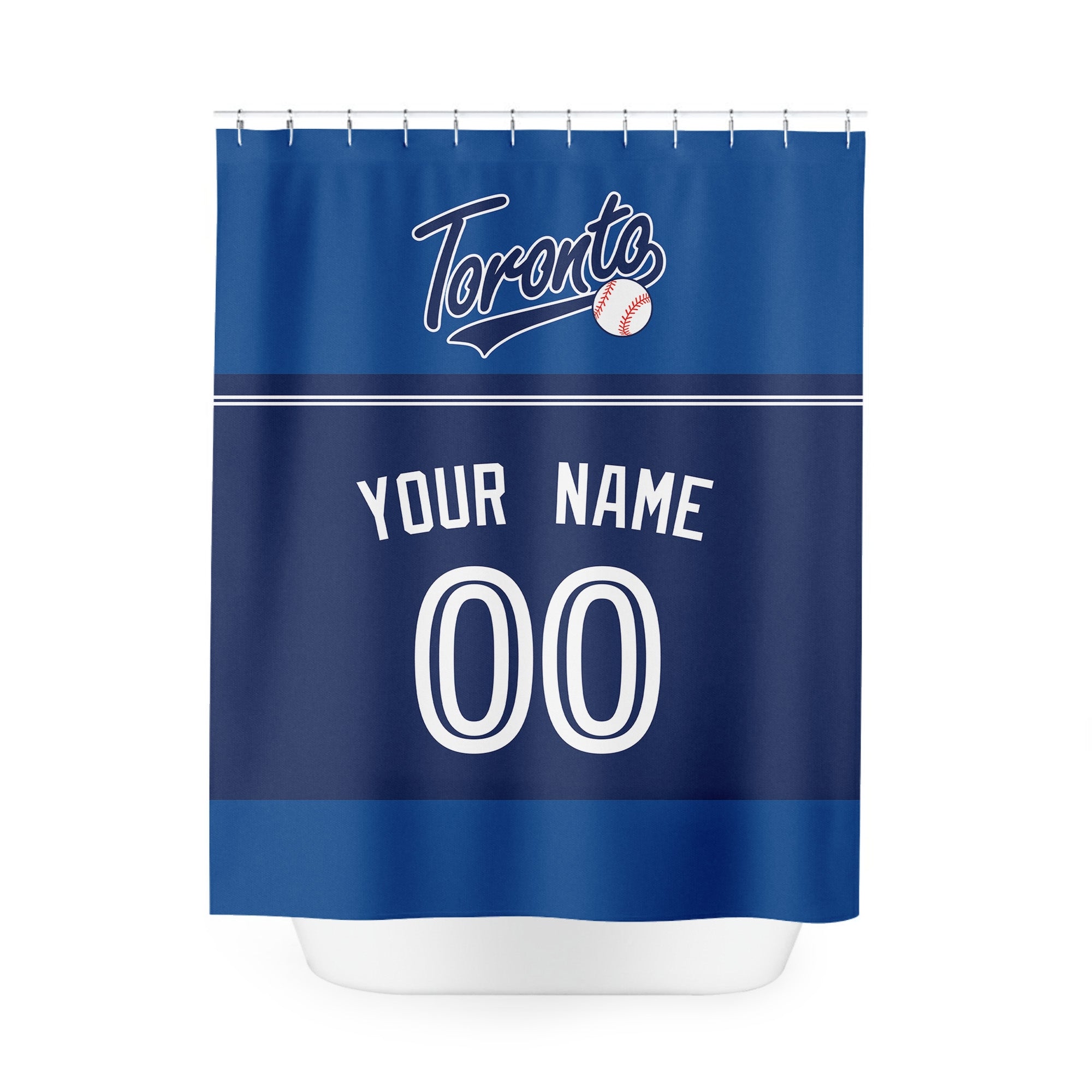 Personalized Toronto baseball shower curtain in royal blue navy and white with custom name and number on white background