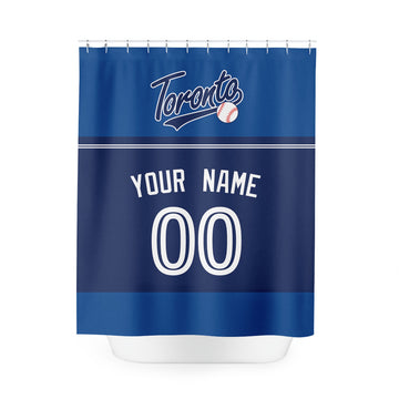 Personalized Toronto baseball shower curtain in royal blue navy and white with custom name and number on white background
