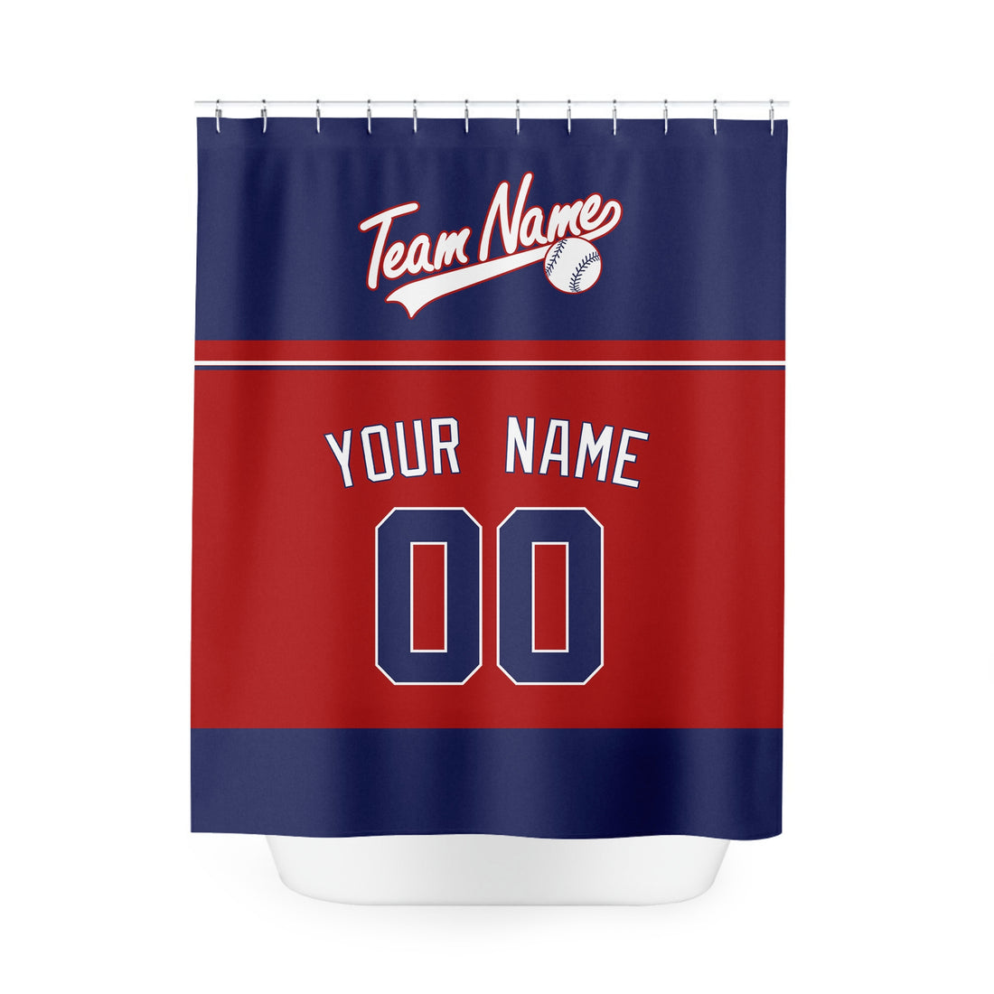 Personalized Washington baseball shower curtain in red navy and white with custom name and number on white background