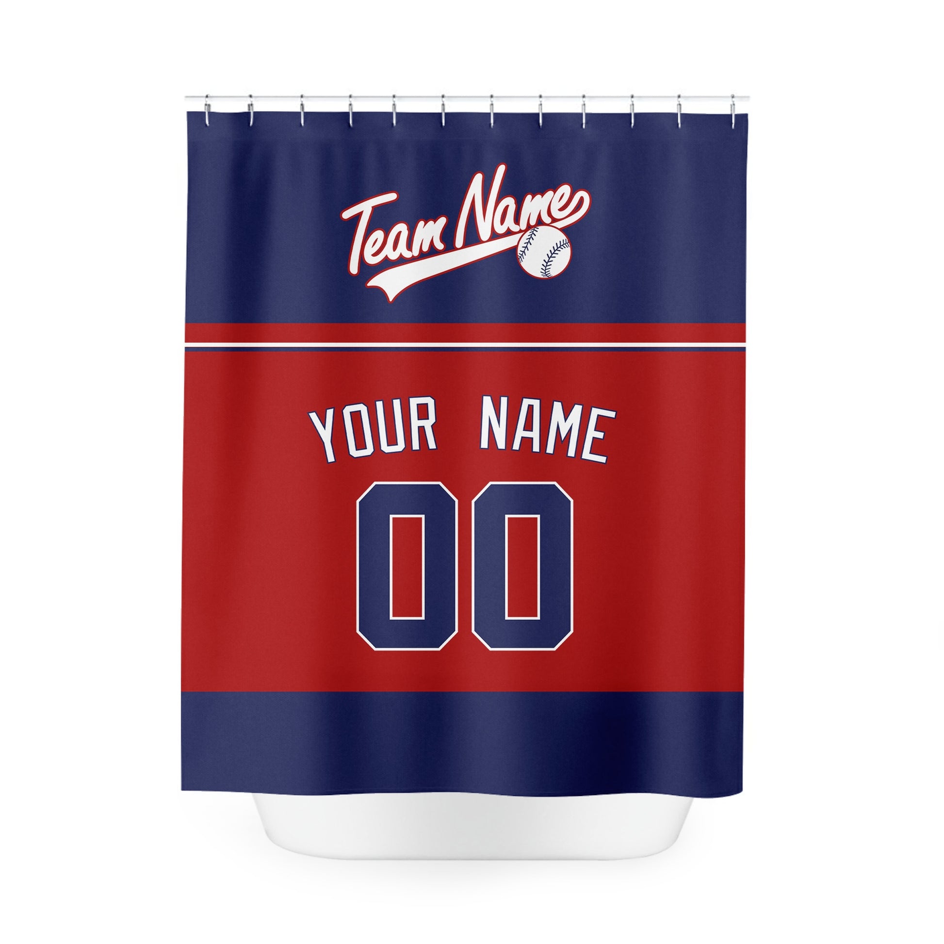 Personalized Washington baseball shower curtain in red navy and white with custom name and number on white background