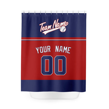 Personalized Washington baseball shower curtain in red navy and white with custom name and number on white background