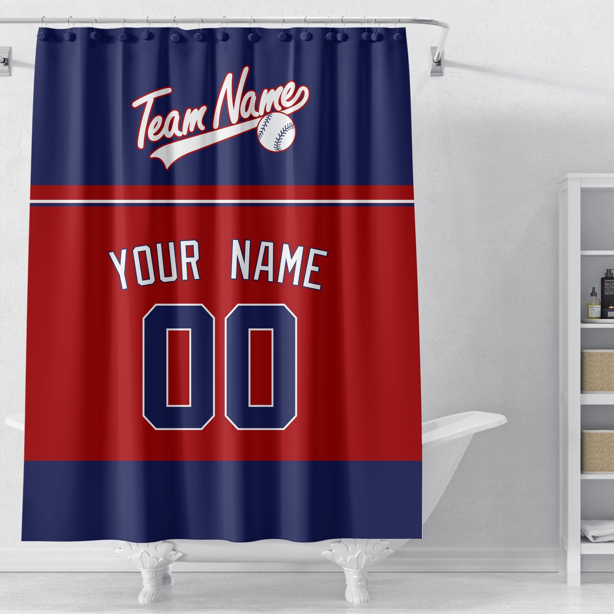 Personalized Washington baseball shower curtain in red navy and white displayed above a bathtub in a bright bathroom
