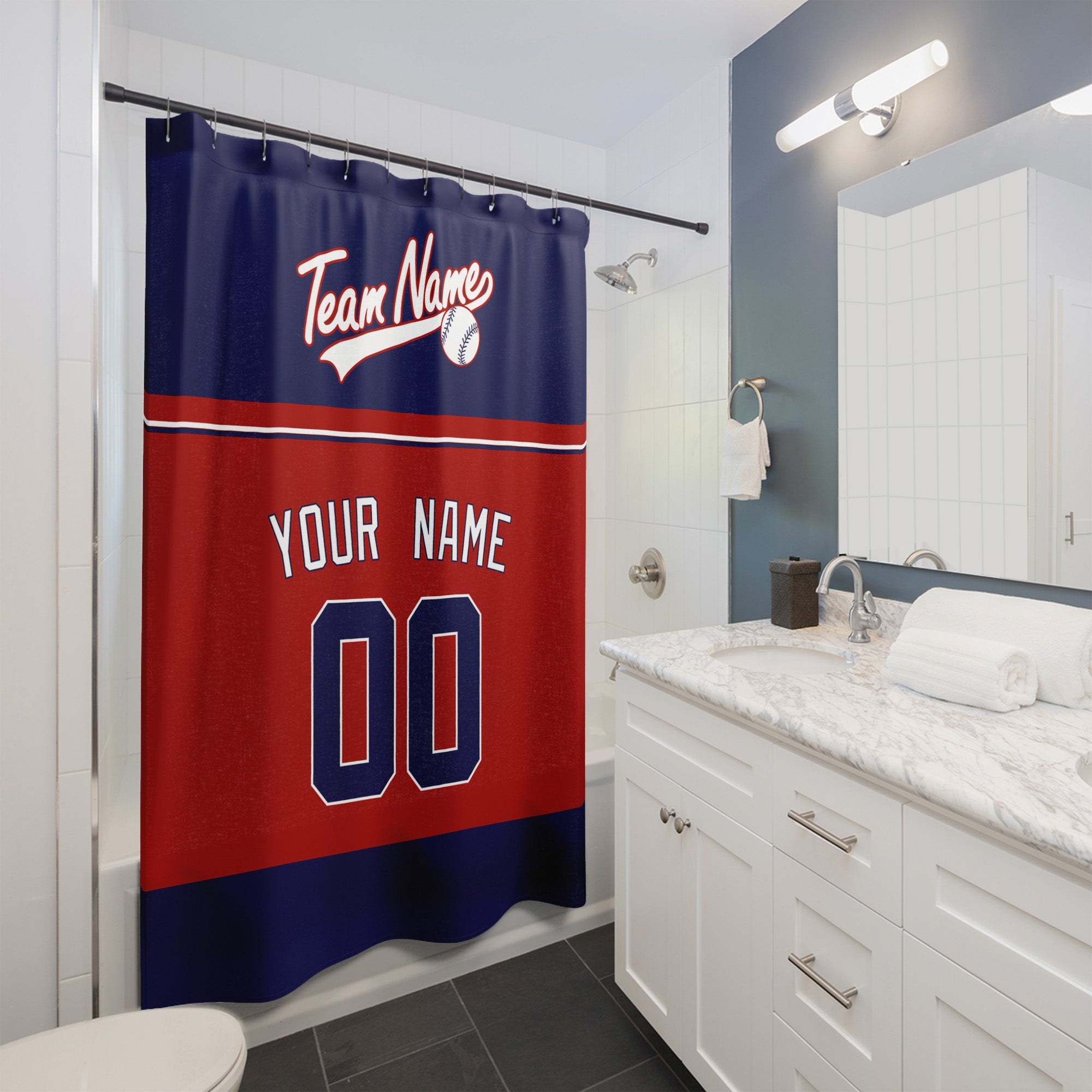Personalized Washington baseball shower curtain in red navy and white hanging in a modern bathroom with custom name and number