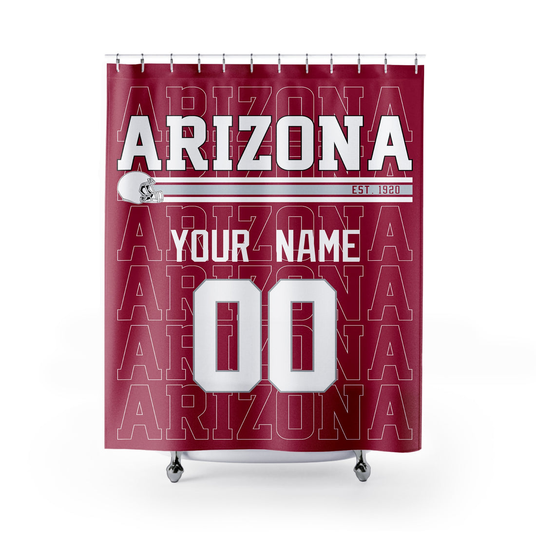 Personalized Arizona football shower curtain in burgundy red white and gray colors with custom name and number on a white background