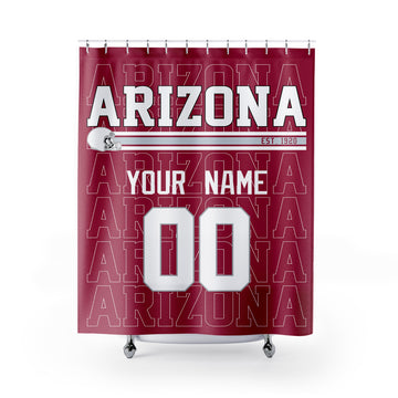 Personalized Arizona football shower curtain in burgundy red white and gray colors with custom name and number on a white background