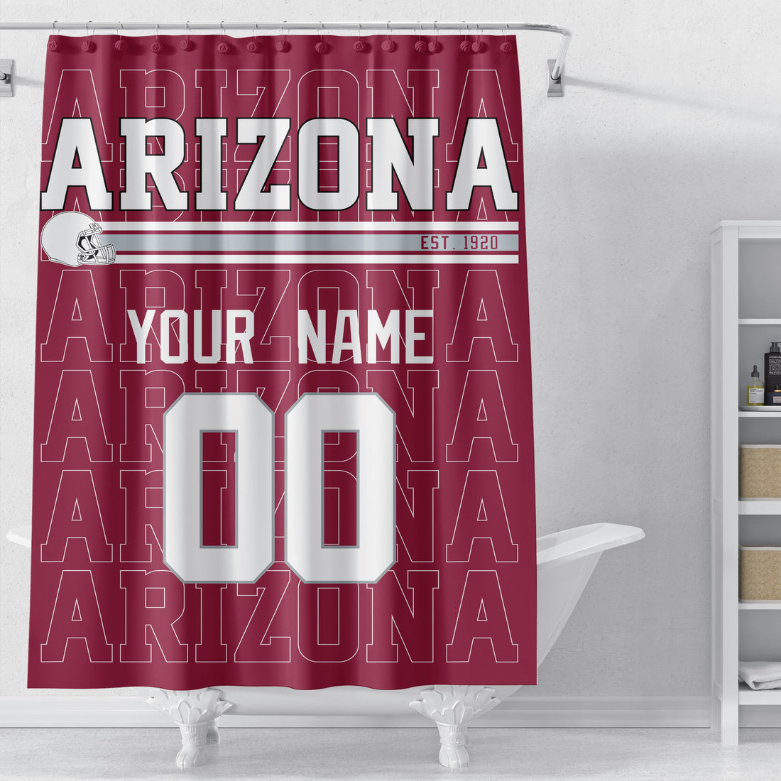 Personalized Arizona football shower curtain in burgundy red white and gray colors with custom name and number on a white background