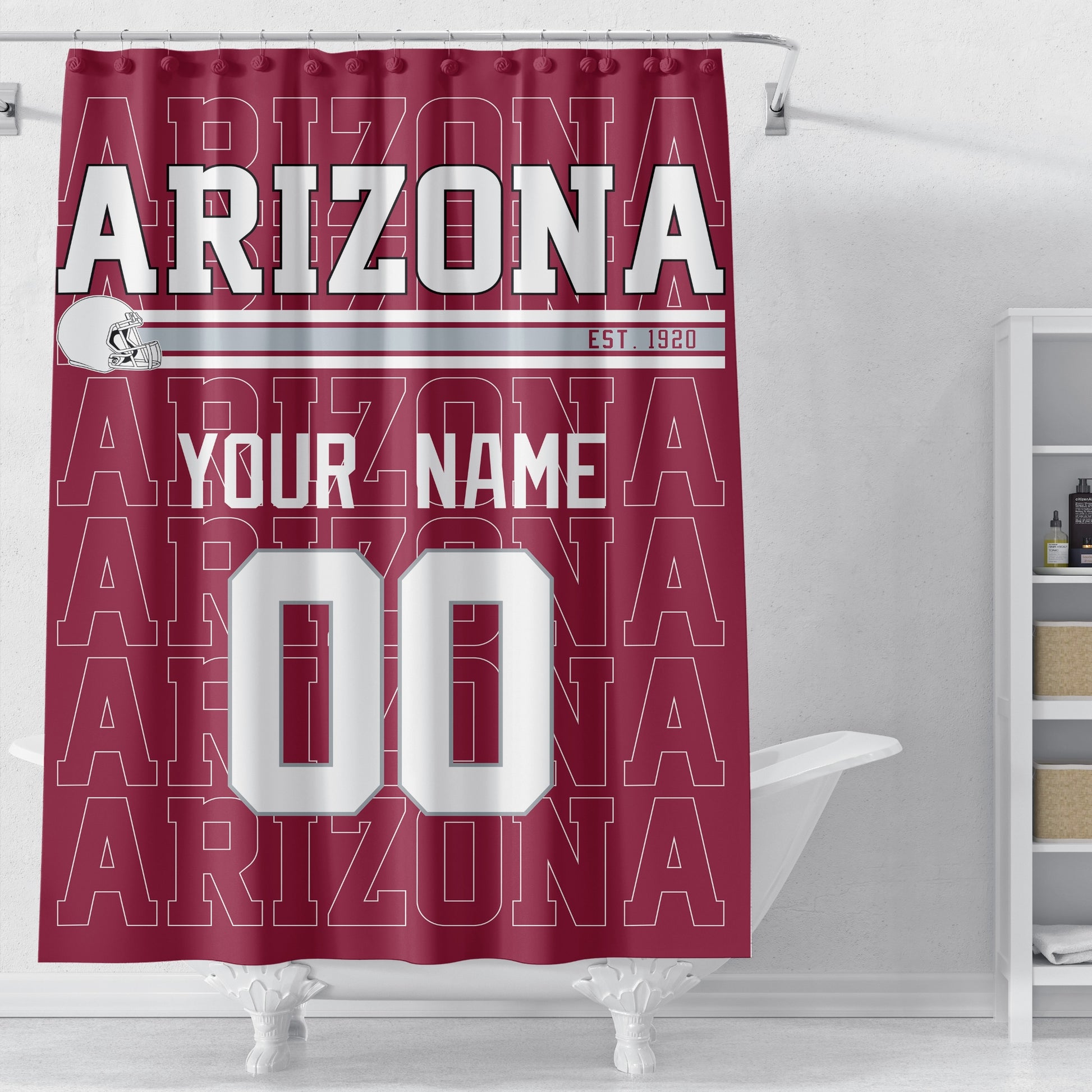 Personalized Arizona football shower curtain in burgundy red white and gray colors displayed above a bathtub