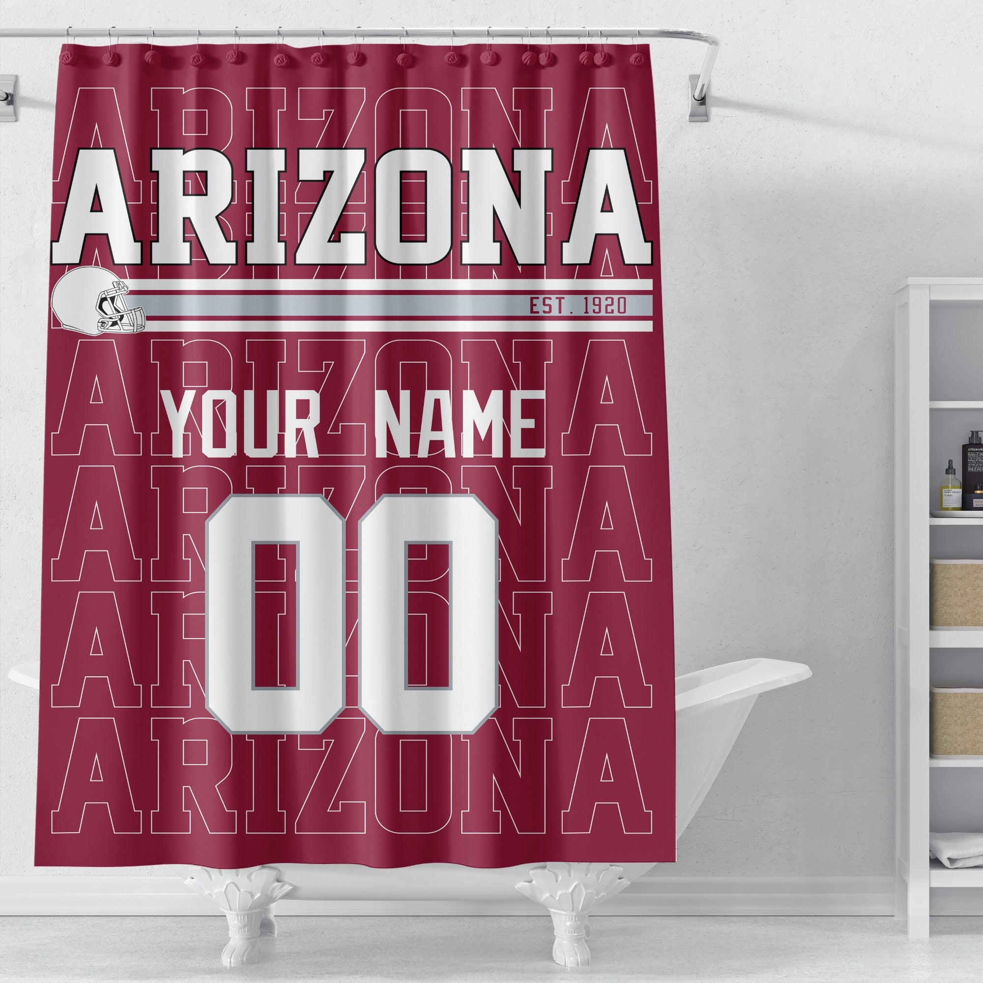 Personalized Arizona football shower curtain in burgundy red white and gray colors displayed above a bathtub