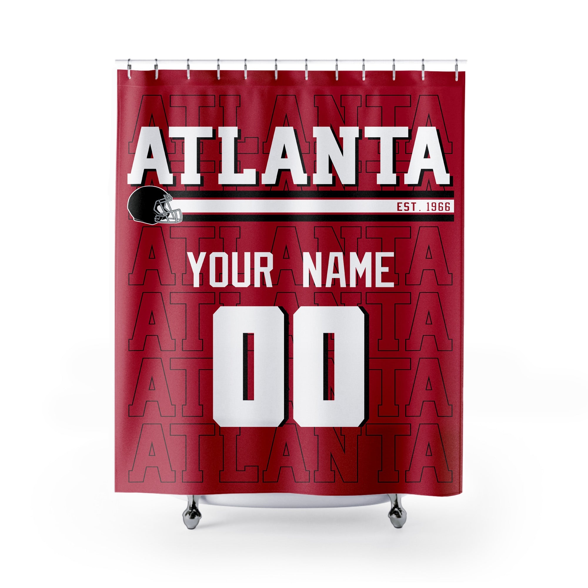 Personalized Atlanta football shower curtain in red black white and gray colors with custom name and number on a white background
