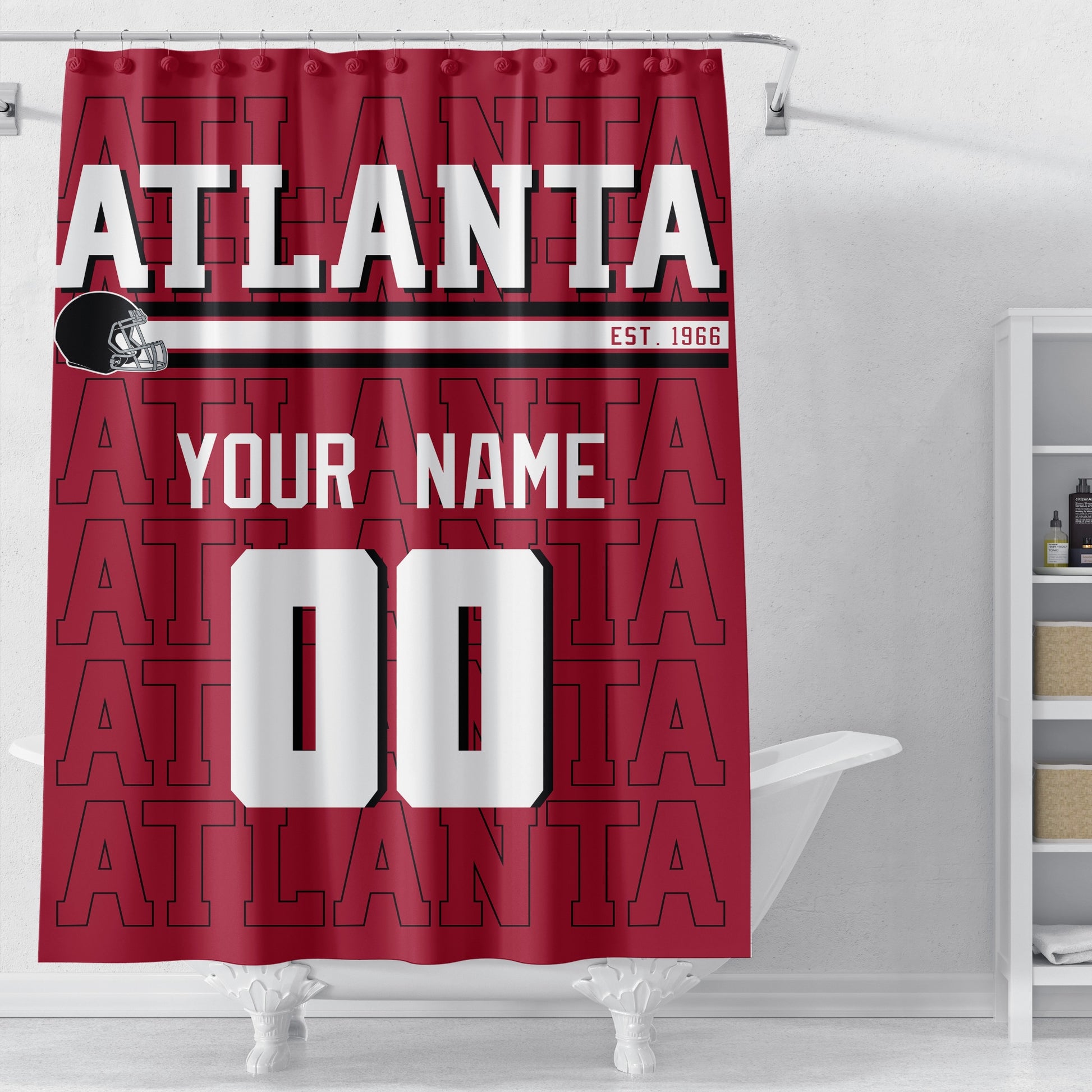 Personalized Atlanta football shower curtain in red black white and gray colors displayed above a bathtub