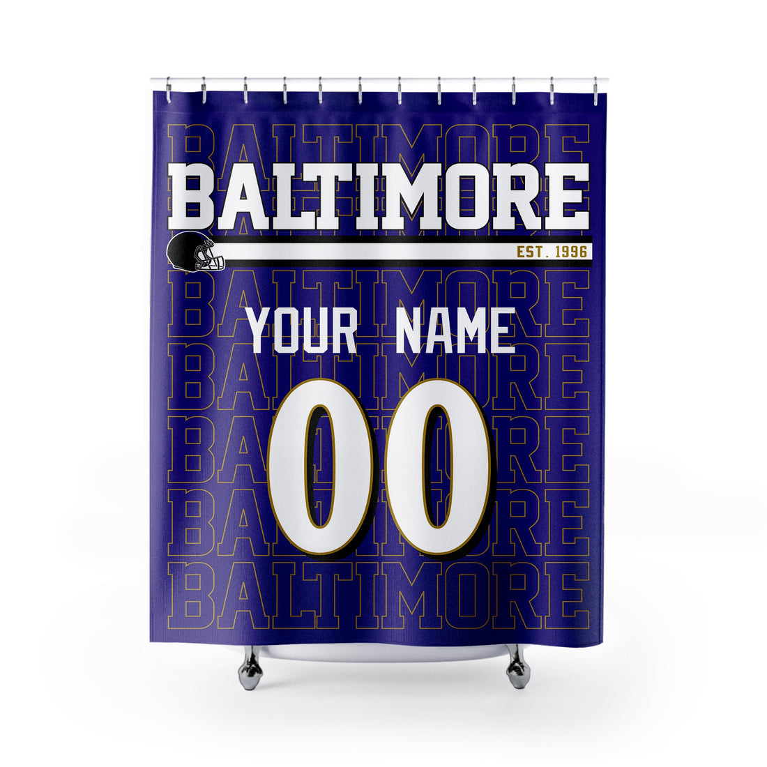 Personalized Baltimore football shower curtain in purple black gold and white colors with custom name and number on a white background