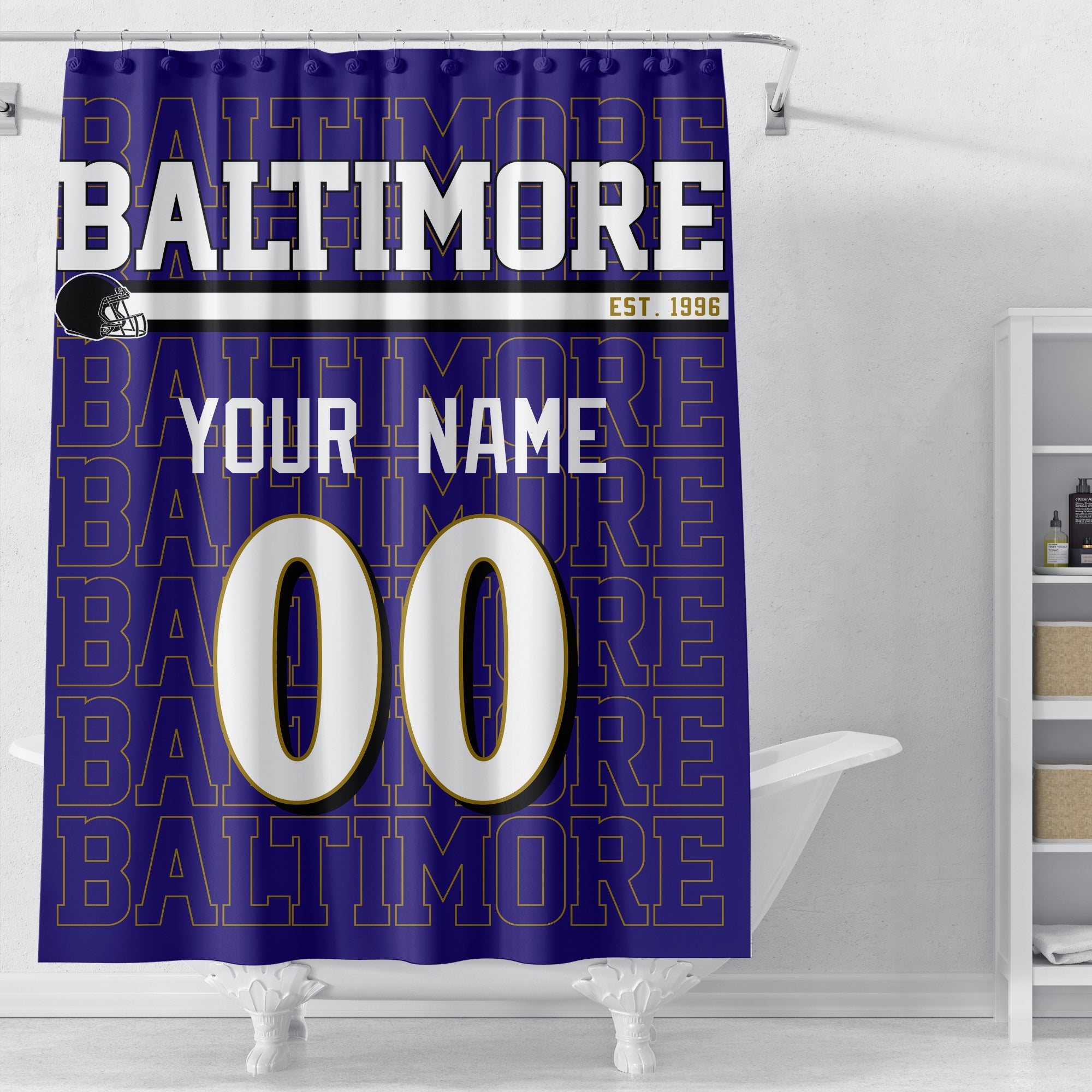 Personalized Baltimore football shower curtain in purple black gold and white colors displayed above a bathtub