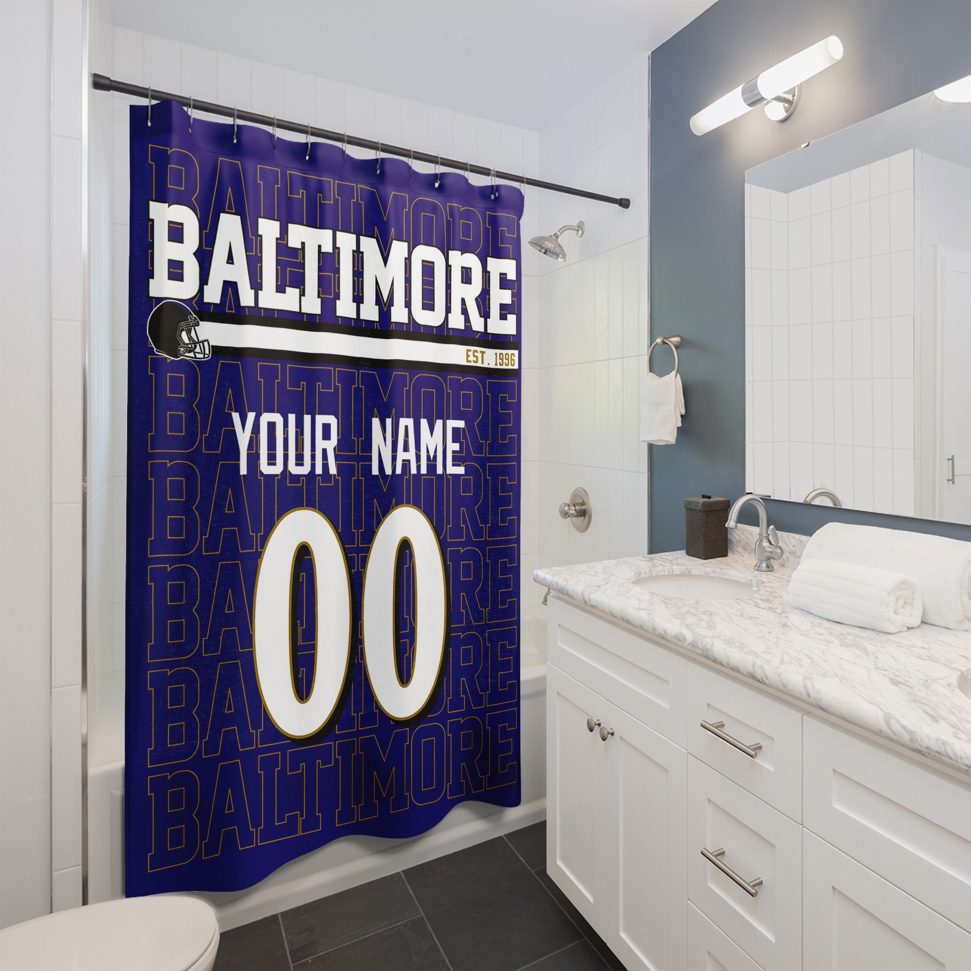 Personalized Baltimore football shower curtain with custom name and number hanging in a modern bathroom