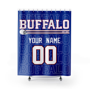 Personalized Buffalo football shower curtain in royal blue red and white colors with custom name and number on a white background