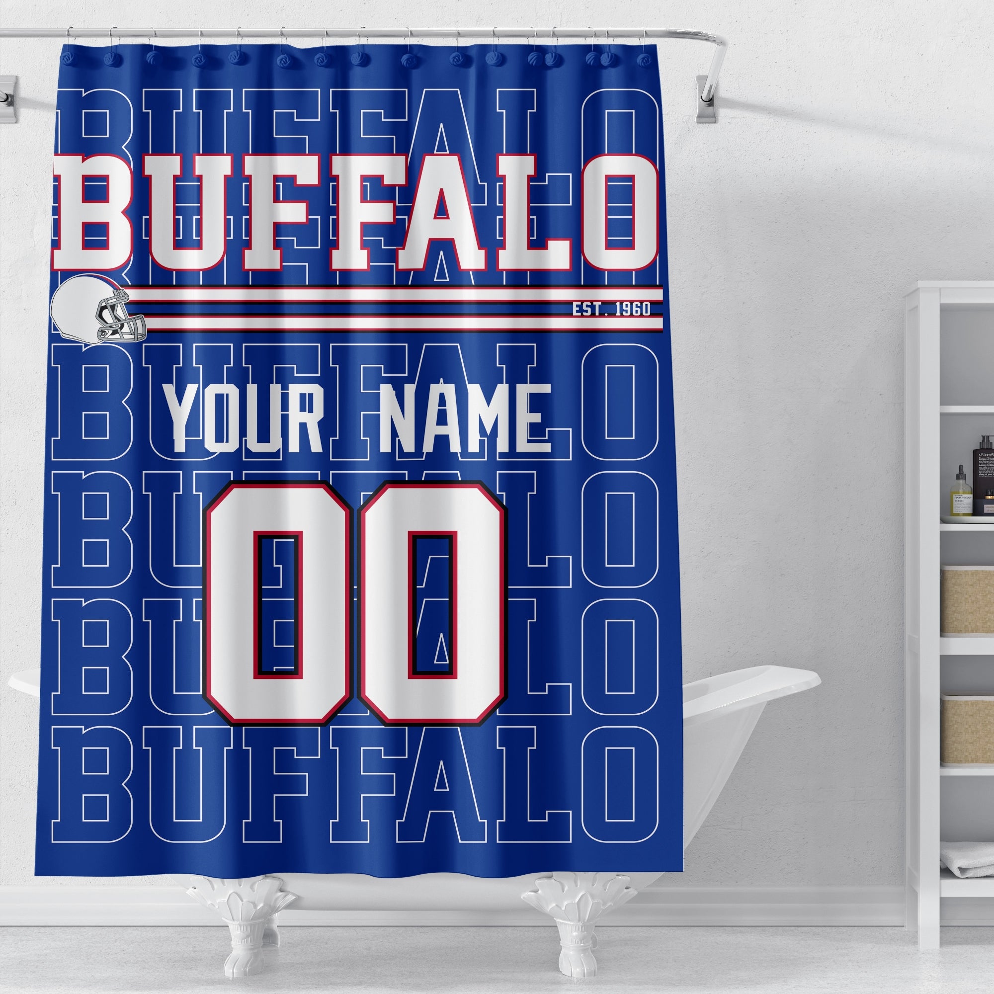 Personalized Buffalo football shower curtain in royal blue red and white colors displayed above a bathtub