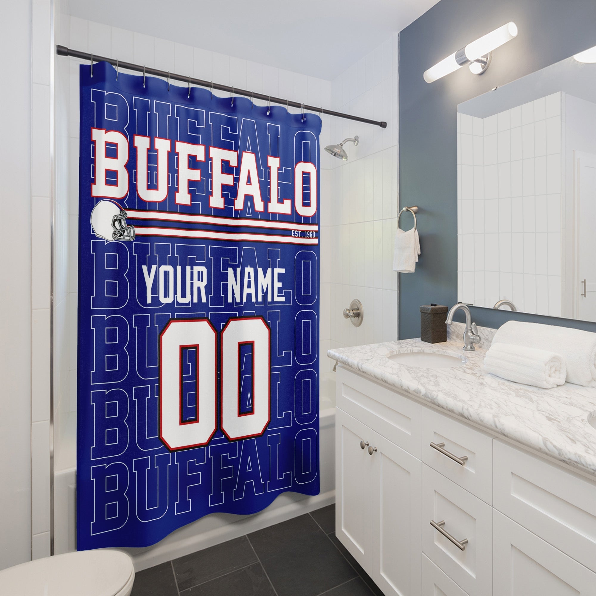 Personalized Buffalo football shower curtain with custom name and number hanging in a modern bathroom