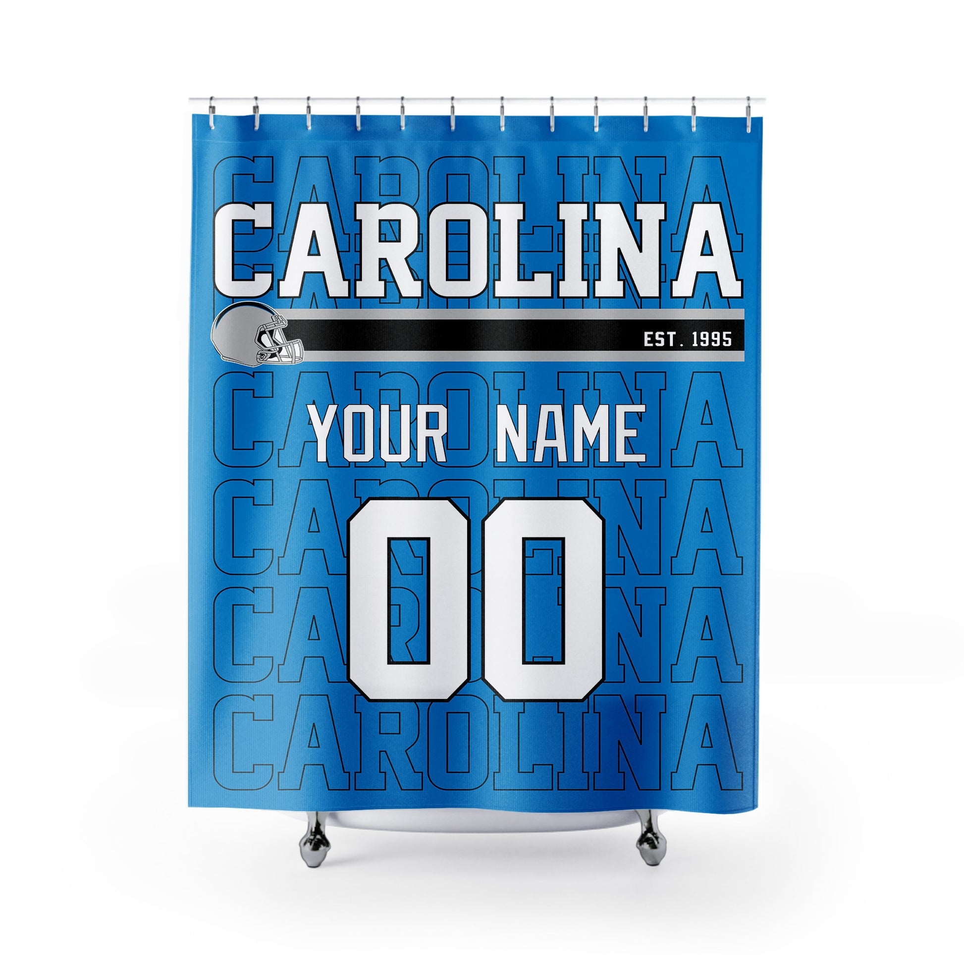 Personalized Carolina football shower curtain in light blue black and white colors with custom name and number on a white background