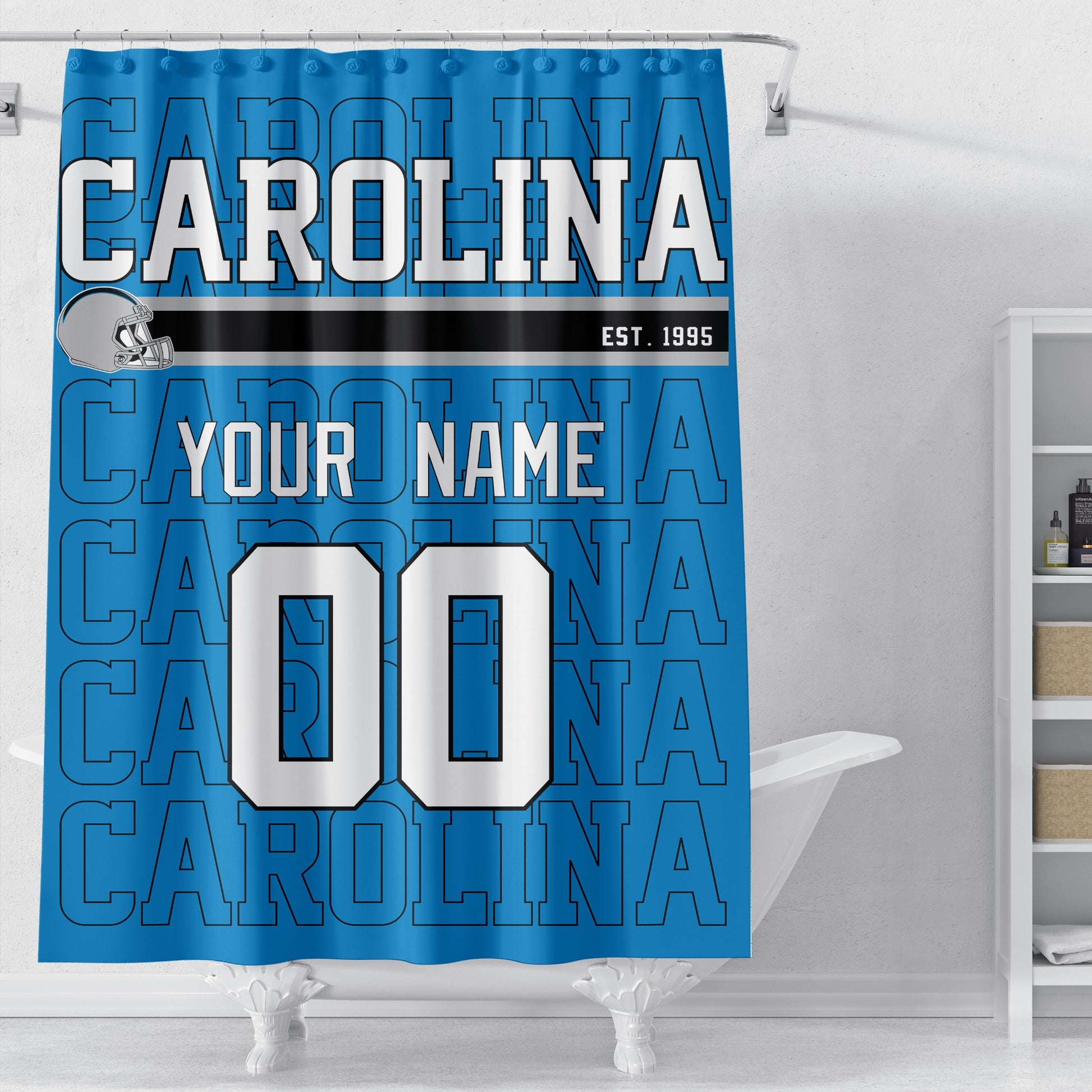 Personalized Carolina football shower curtain in light blue black and white colors displayed above a bathtub