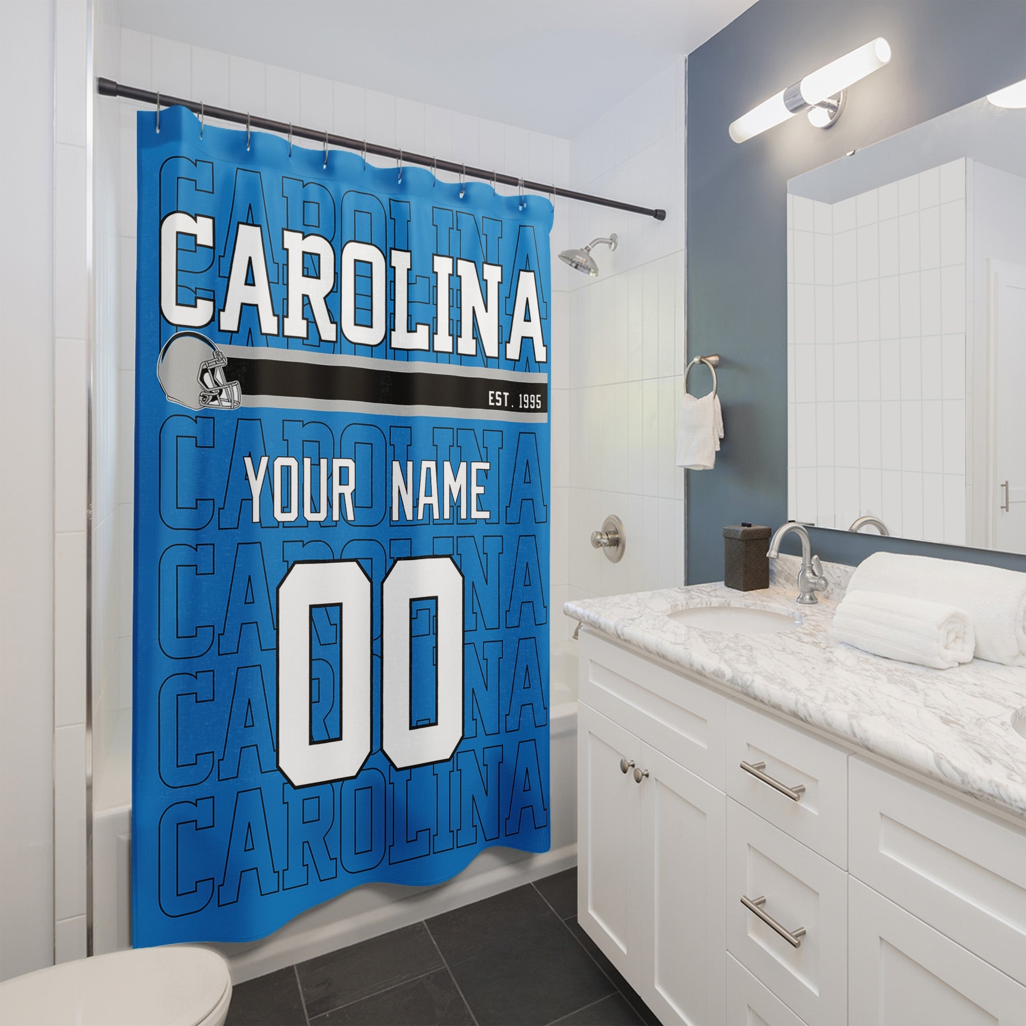 Personalized Carolina football shower curtain with custom name and number hanging in a modern bathroom