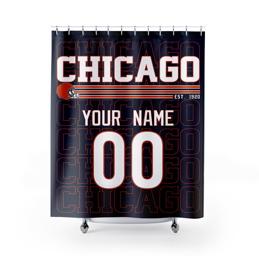 Personalized Chicago football shower curtain in navy orange and white colors with custom name and number on a white background