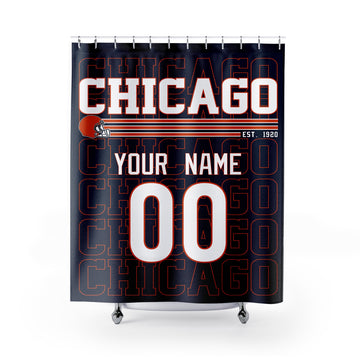 Personalized Chicago football shower curtain in navy orange and white colors with custom name and number on a white background