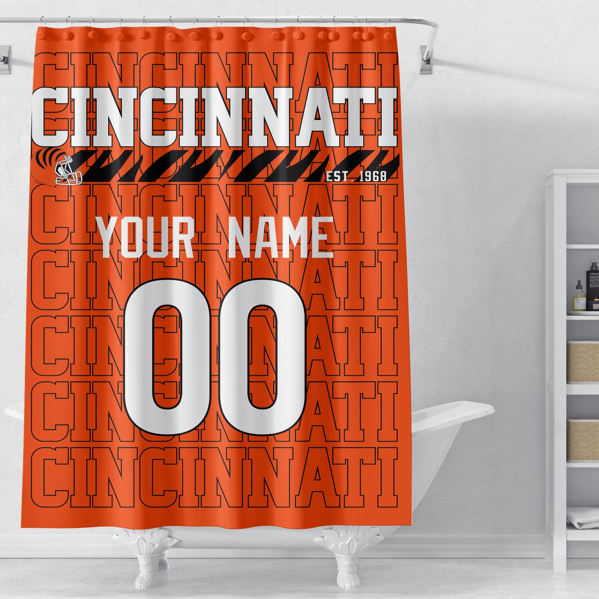 Personalized Chicago football shower curtain in navy orange and white colors displayed above a bathtub