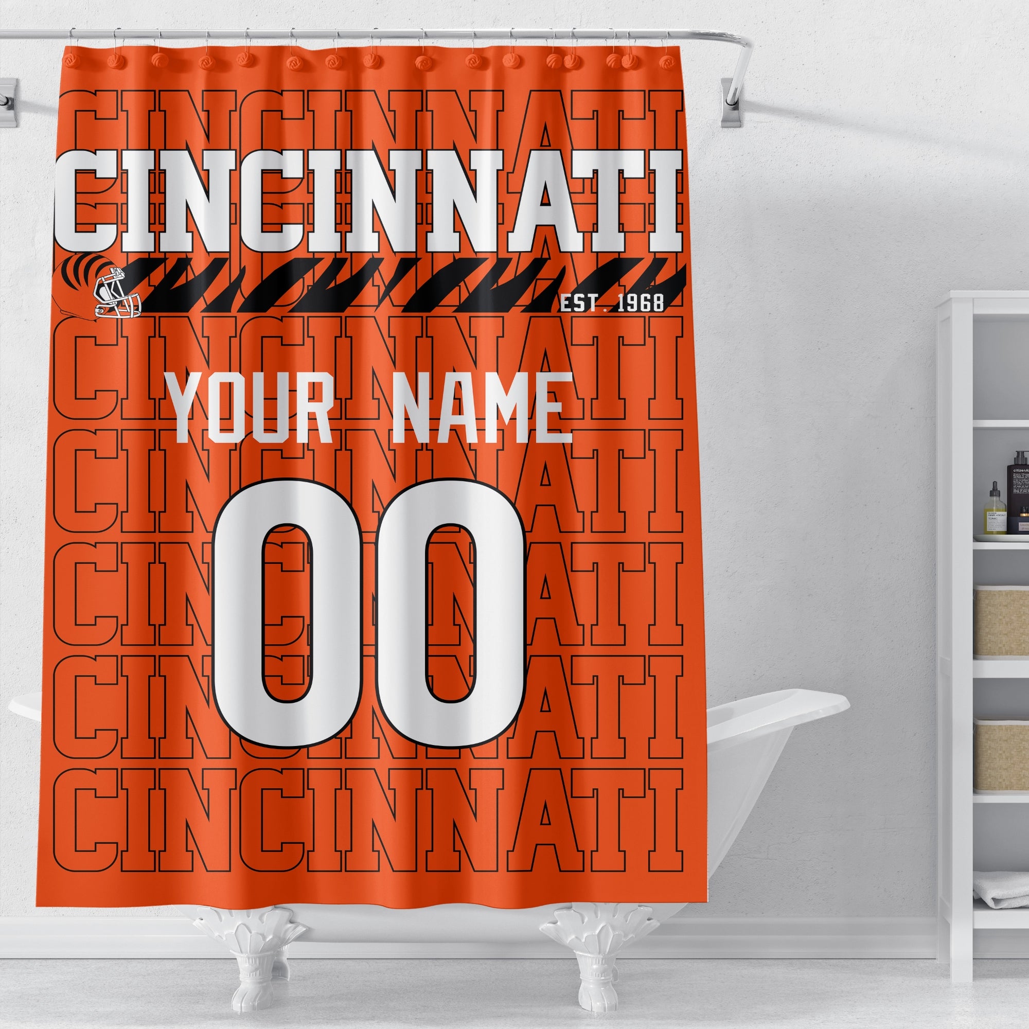 Personalized Chicago football shower curtain in navy orange and white colors displayed above a bathtub