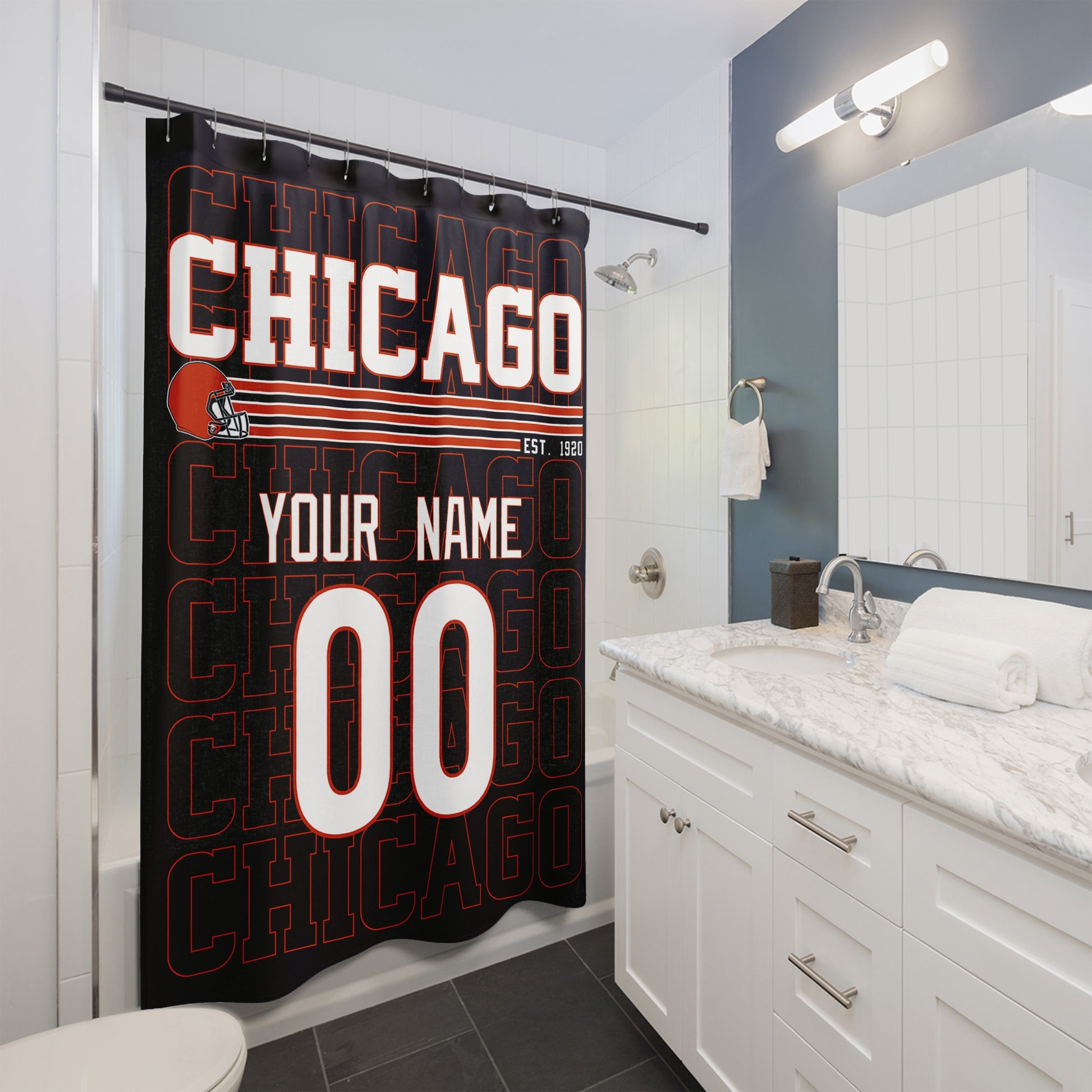 Personalized Chicago football shower curtain with custom name and number hanging in a modern bathroom