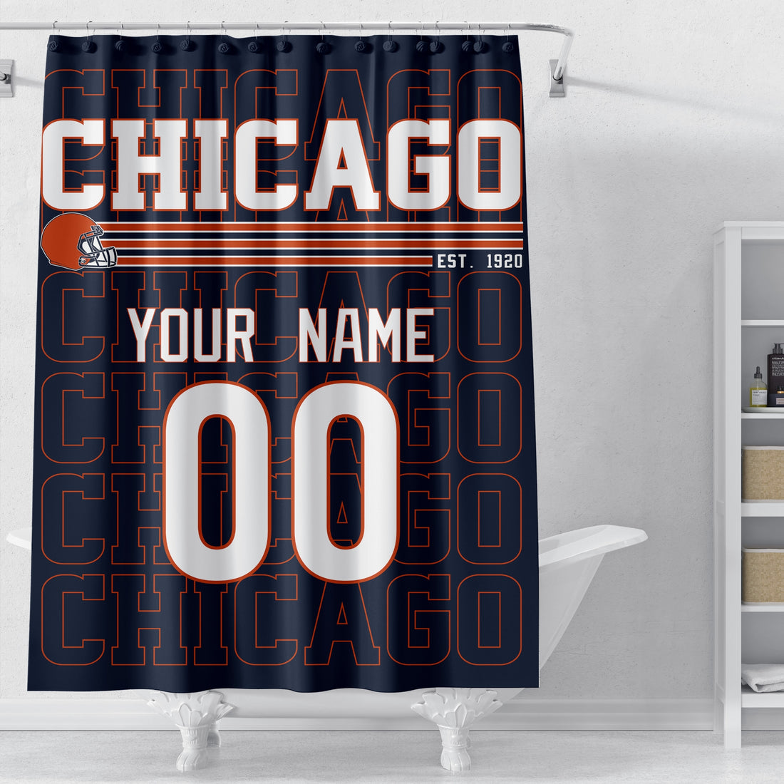 Personalized Cincinnati football shower curtain in orange black and white colors with custom name and number on a white background